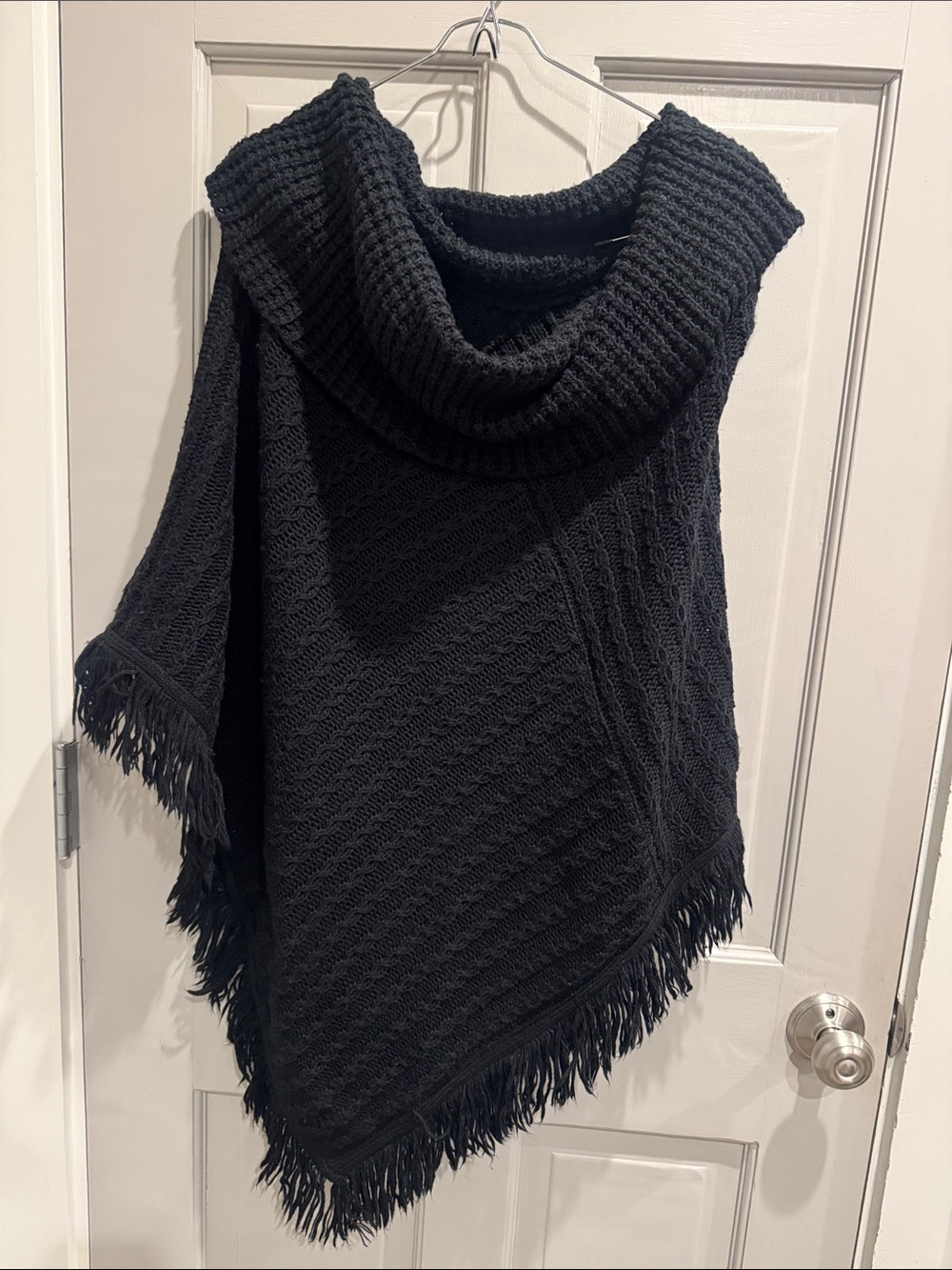 Zn Black Fringed Cowl Neck Poncho